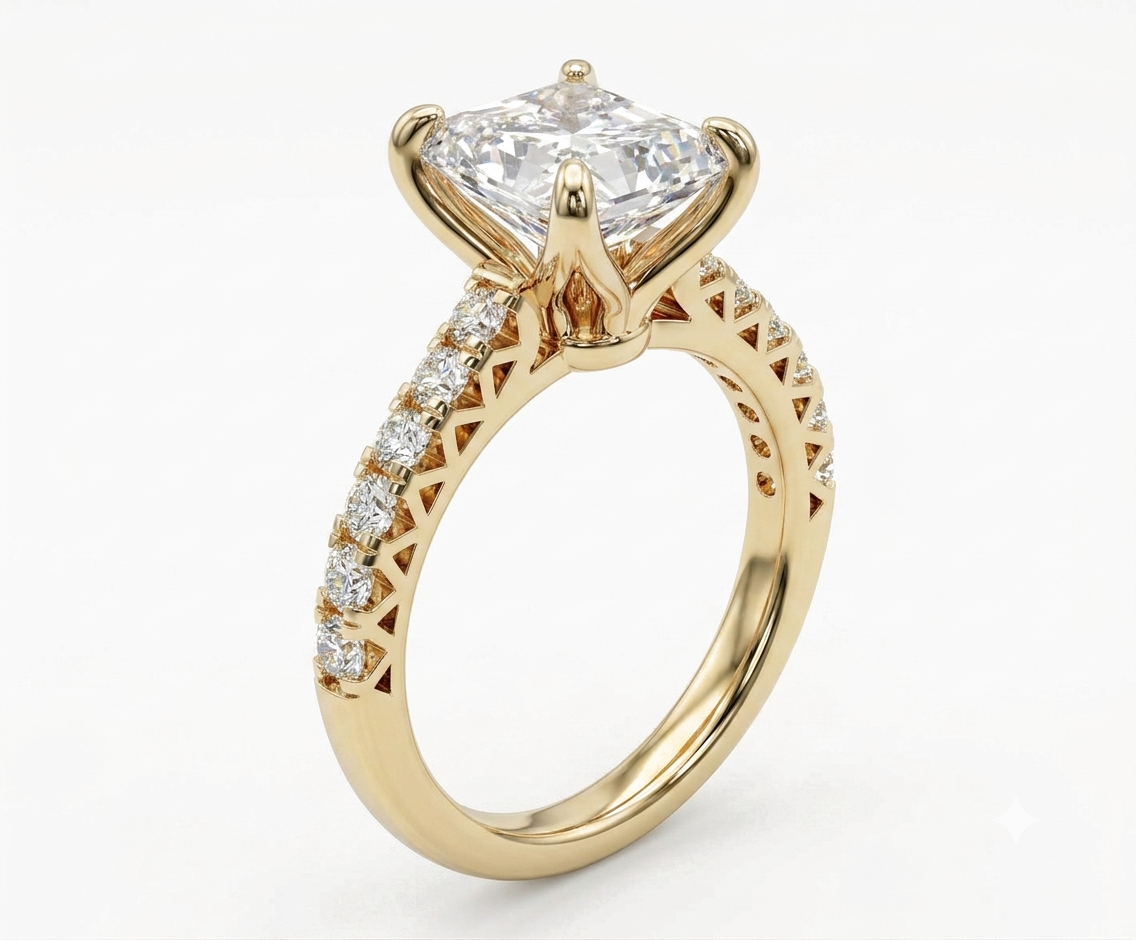 Womens | Side Stone Solitaire Engagement Ring | 14K Yellow Gold | 4.50 CTW Emerald Cut Lab Grown Diamond | G-VS