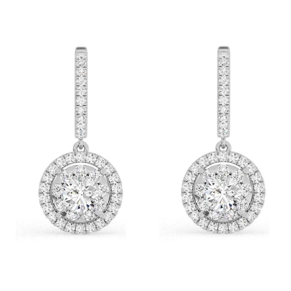 Womens | Halo Dangle Drop Earrings | 14K White Gold | 3.15 CTW Round Cut Lab Grown Diamond | I-J-VS-SI1