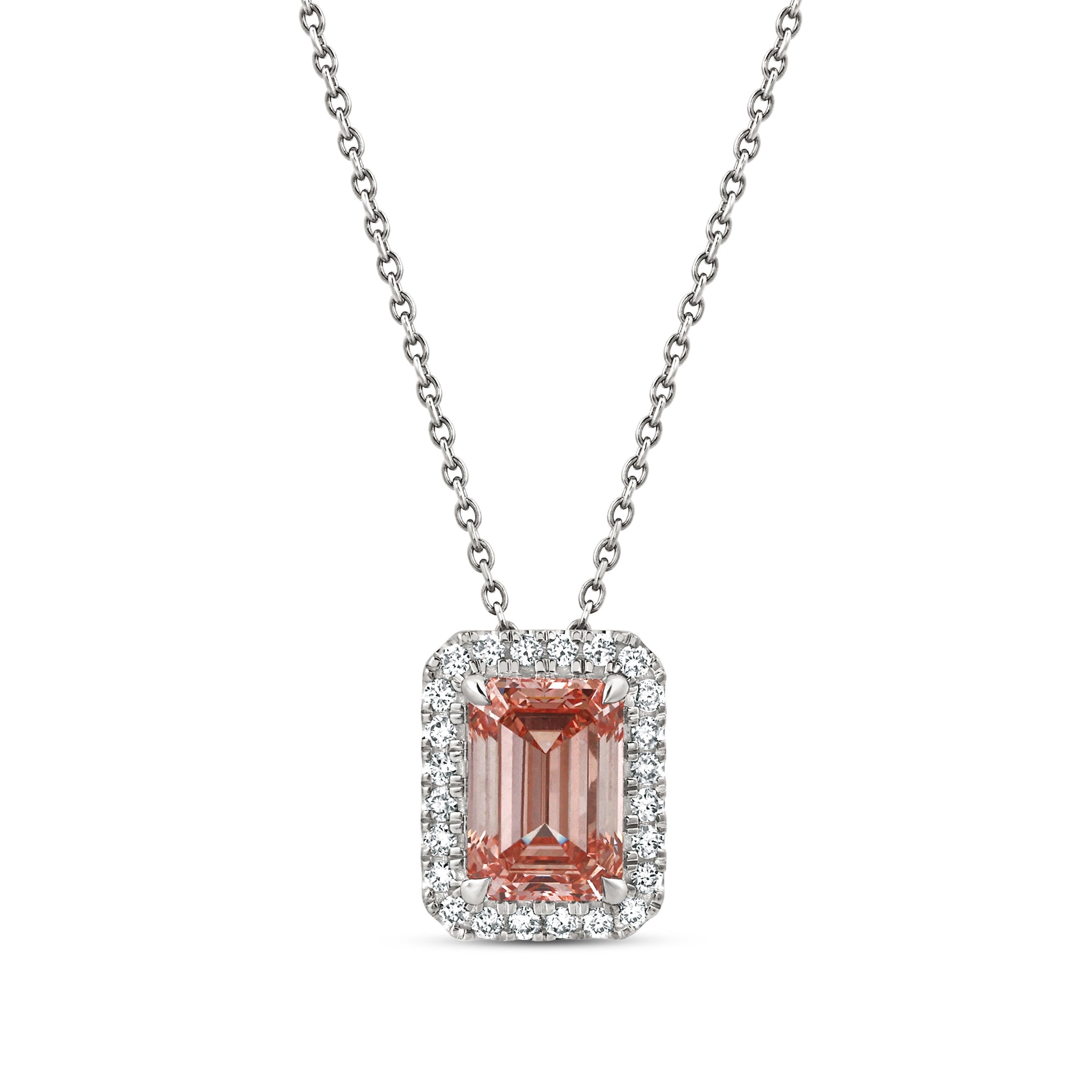 Womens | Halo Solitaire Pendant Necklace | 14K White Gold | 1.5 CTW Emerald Cut Lab Grown Diamond | Pink-VS1