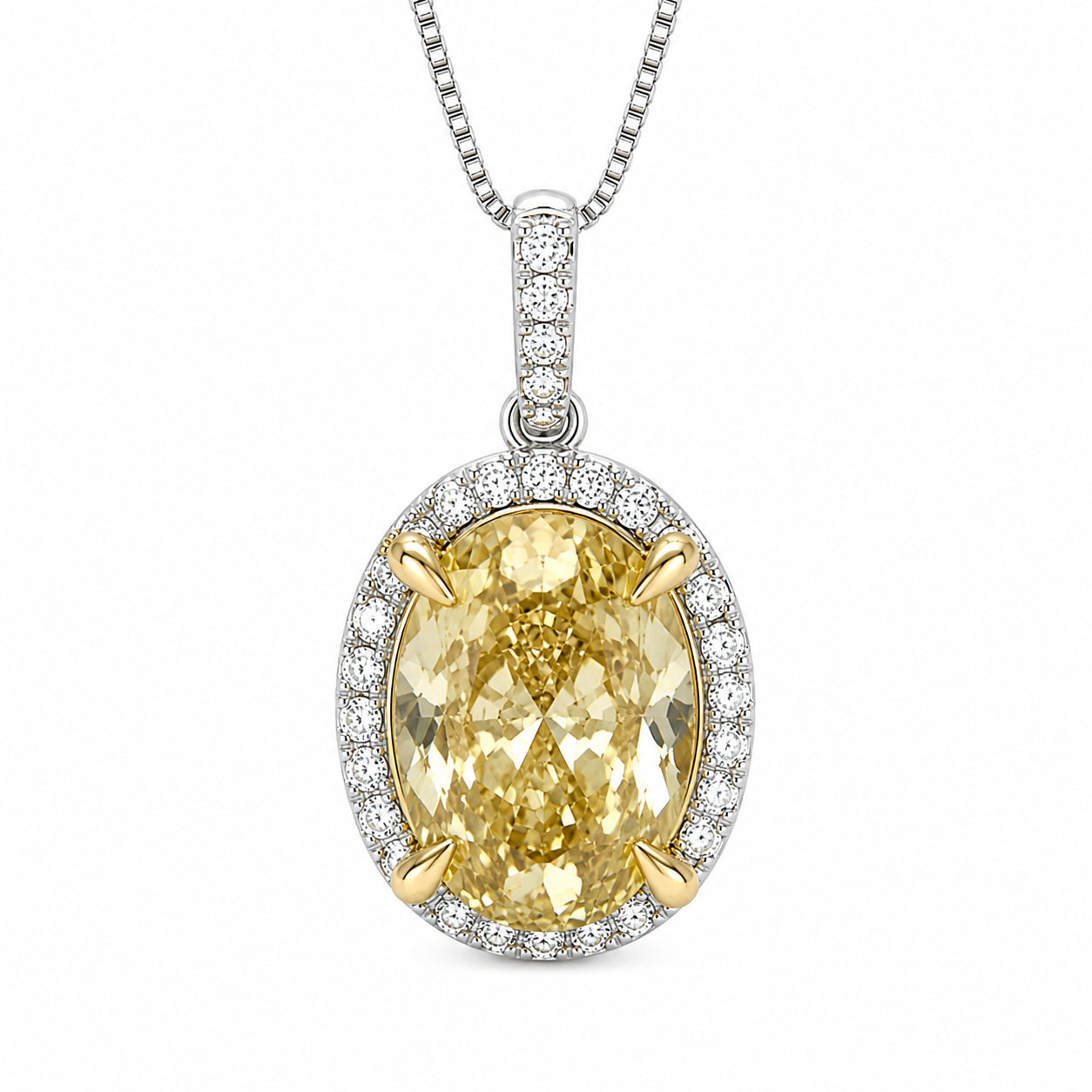 Womens | Halo Solitaire Pendant Necklace | 14K Two Tone Gold | 5.25 CTW Oval Cut Lab Grown Diamond | Yellow-VS1