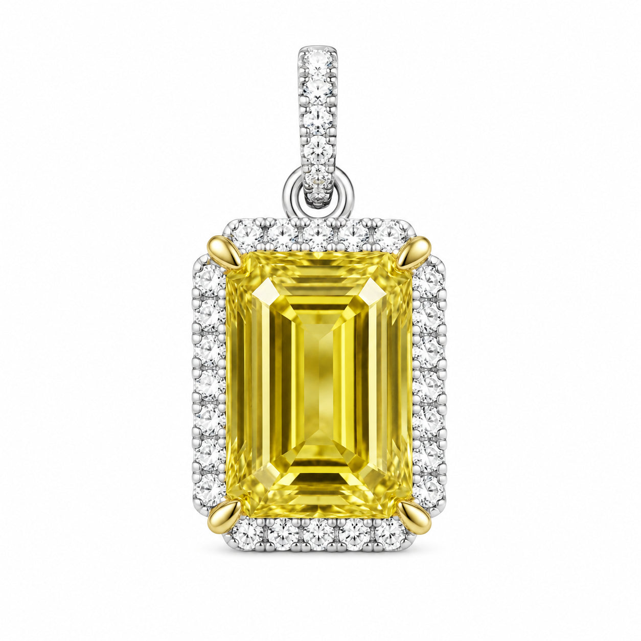 Womens | Halo Solitaire Pendant Necklace | 14K Two Tone Gold | 5.5 CTW Radiant Cut Lab Grown Diamond | Yellow-VS1