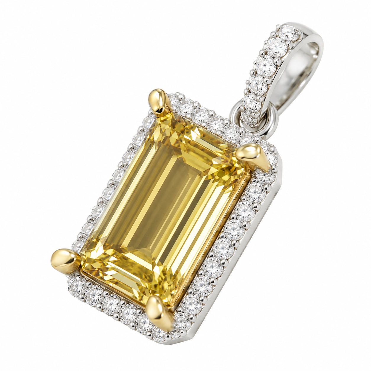 Womens | Halo Solitaire Pendant Necklace | 14K Two Tone Gold | 5.5 CTW Radiant Cut Lab Grown Diamond | Yellow-VS1