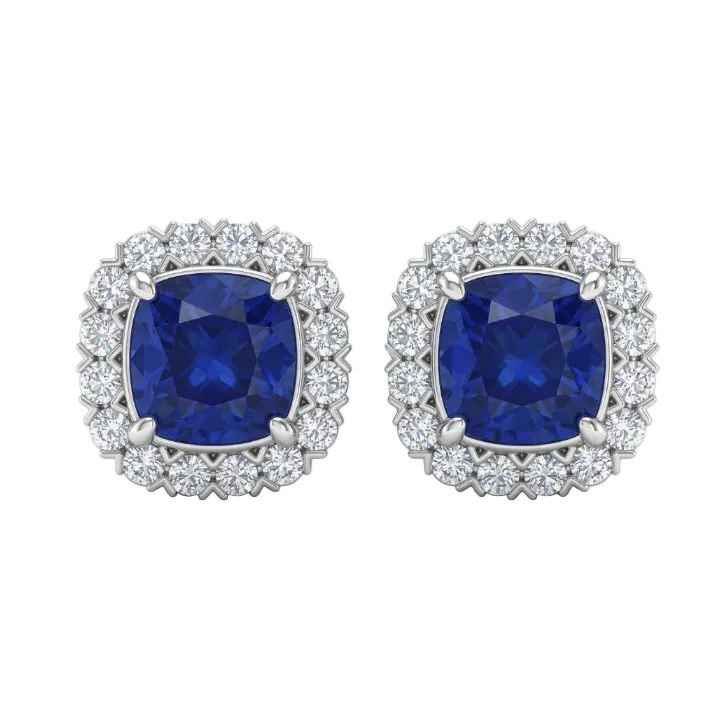 Womens | Halo Stud Earring | 14K White Gold | 2.75 CTW Cushion Cut Lab Grown Diamond | Blue-VS1