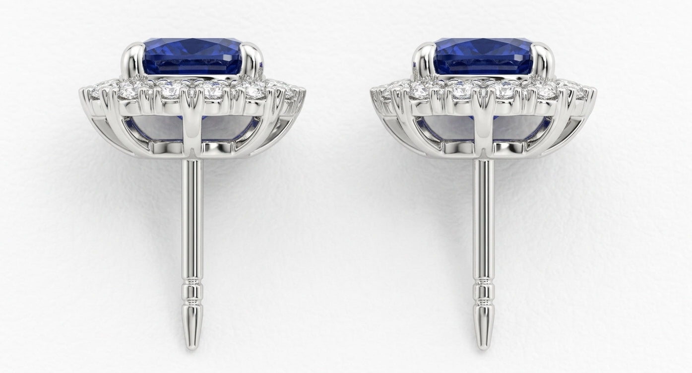 Womens | Halo Stud Earring | 14K White Gold | 2.75 CTW Cushion Cut Lab Grown Diamond | Blue-VS1