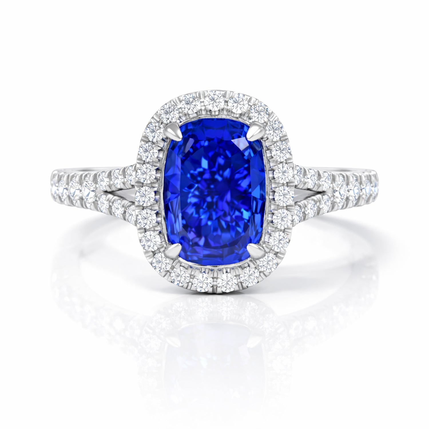 Womens | Halo Split Shant Engagement Ring | 14K White Gold | 2.50 CTW Long Cushion Cut Lab Grown Diamond | Blue-VS1