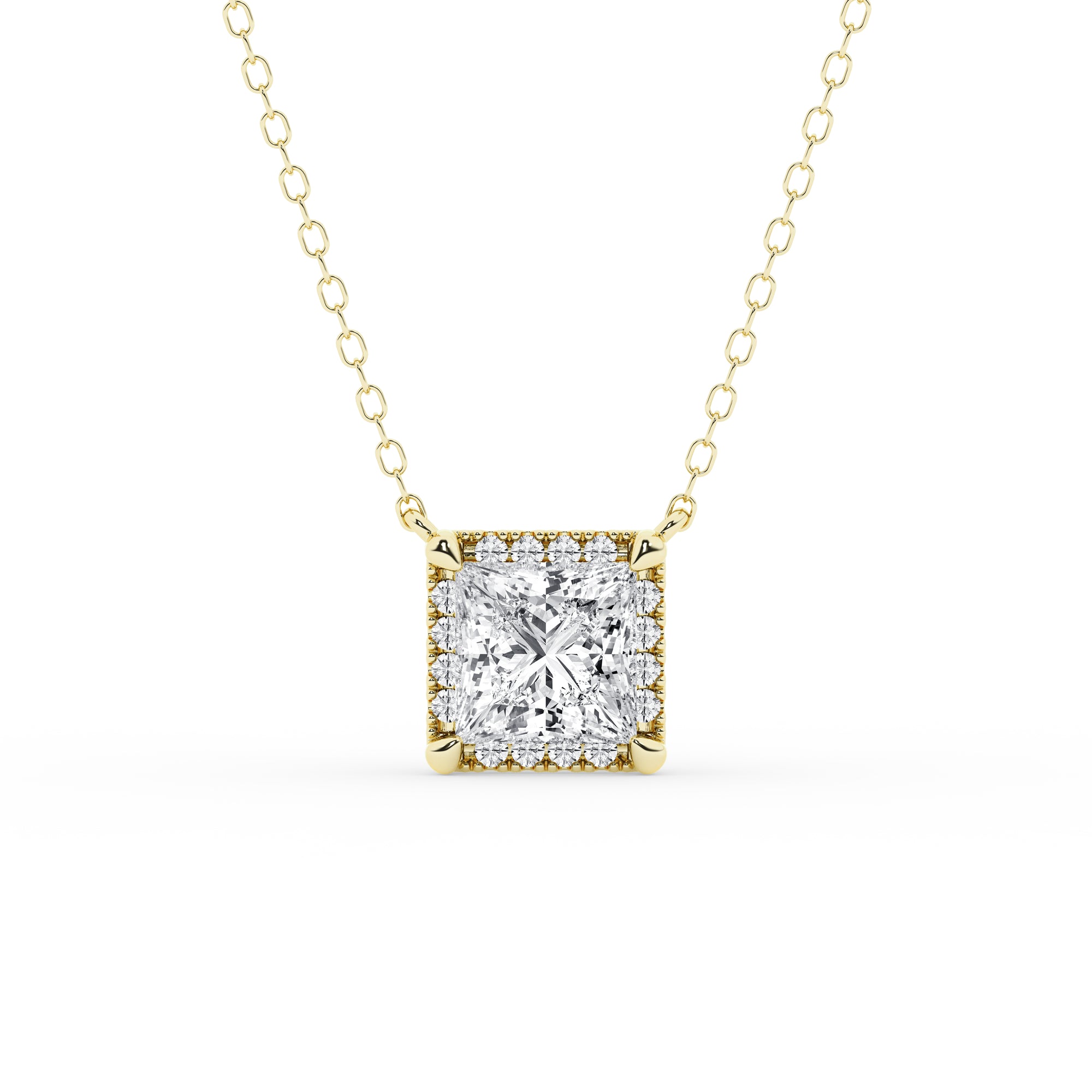 Womens | Halo Solitaire Pendant Necklace | 14K Yellow Gold | 1.5 CTW Princess Cut Lab Grown Diamond | G-VS