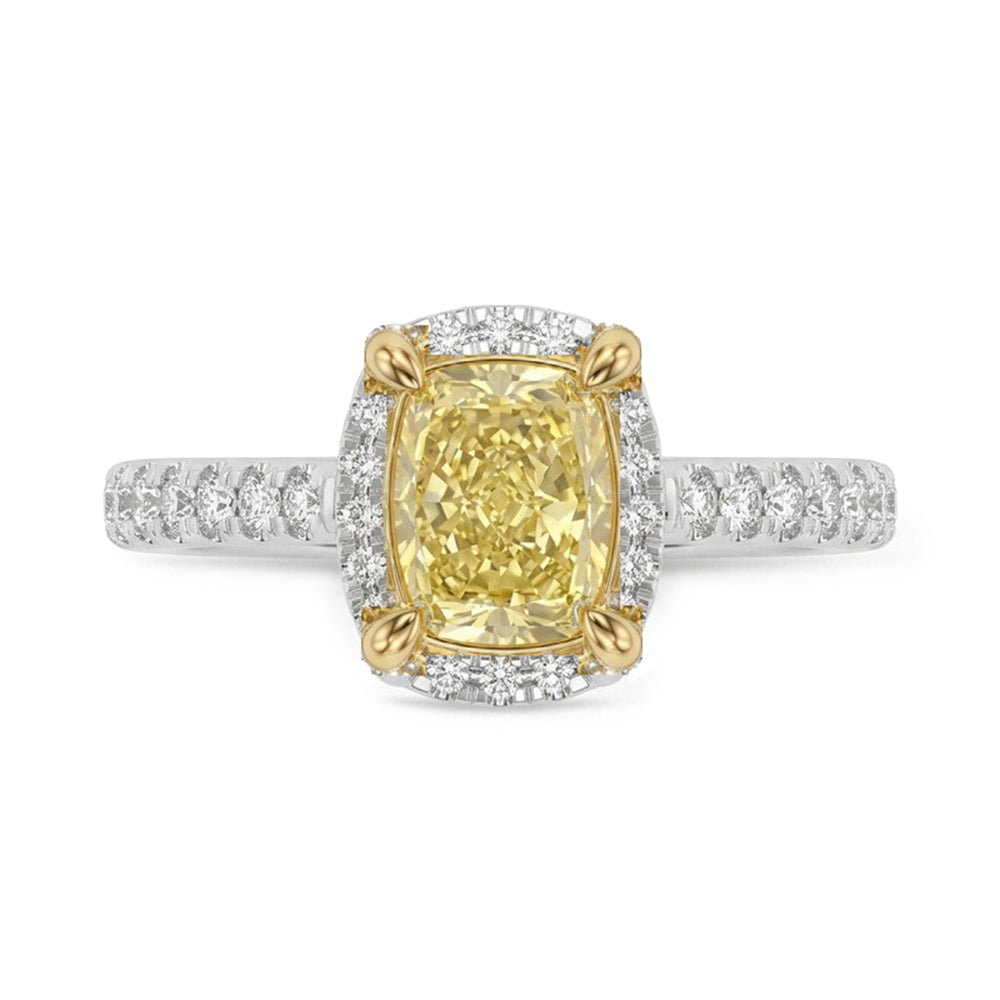 Womens | Side Stone Solitaire Engagement Ring | 14K Two Tone Gold | 2 CTW Long Cushion Cut Lab Grown Diamond | Yellow-VS1