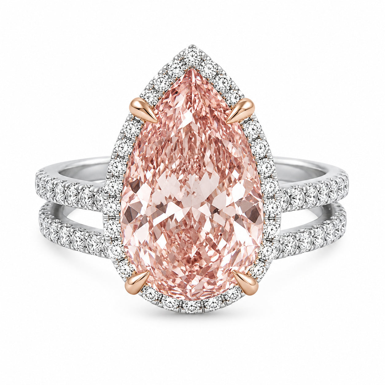 Womens | Side Stone Solitaire Engagement Ring | 14K Two Tone Gold | 6.75 CTW Pear Cut Lab Grown Diamond | Pink-VS1