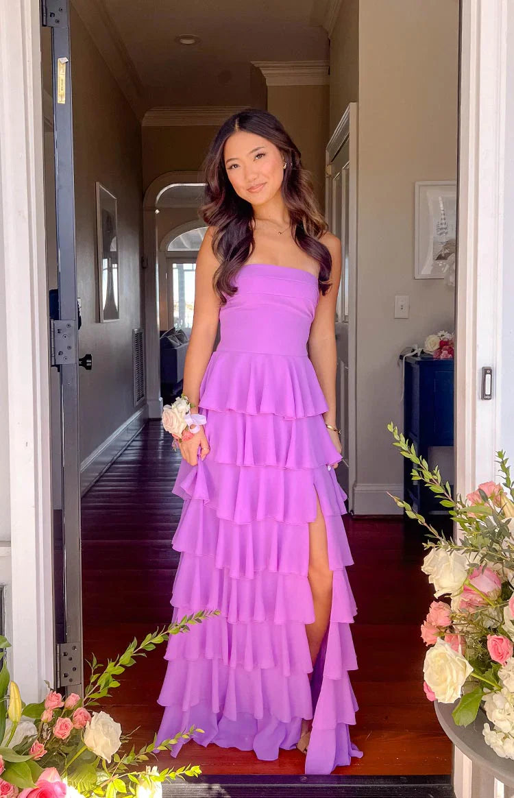 Kim Strapless Ruffle Prom Dress | Magenta