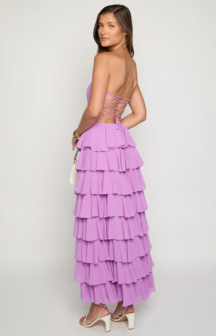 Kim Strapless Ruffle Prom Dress | Magenta