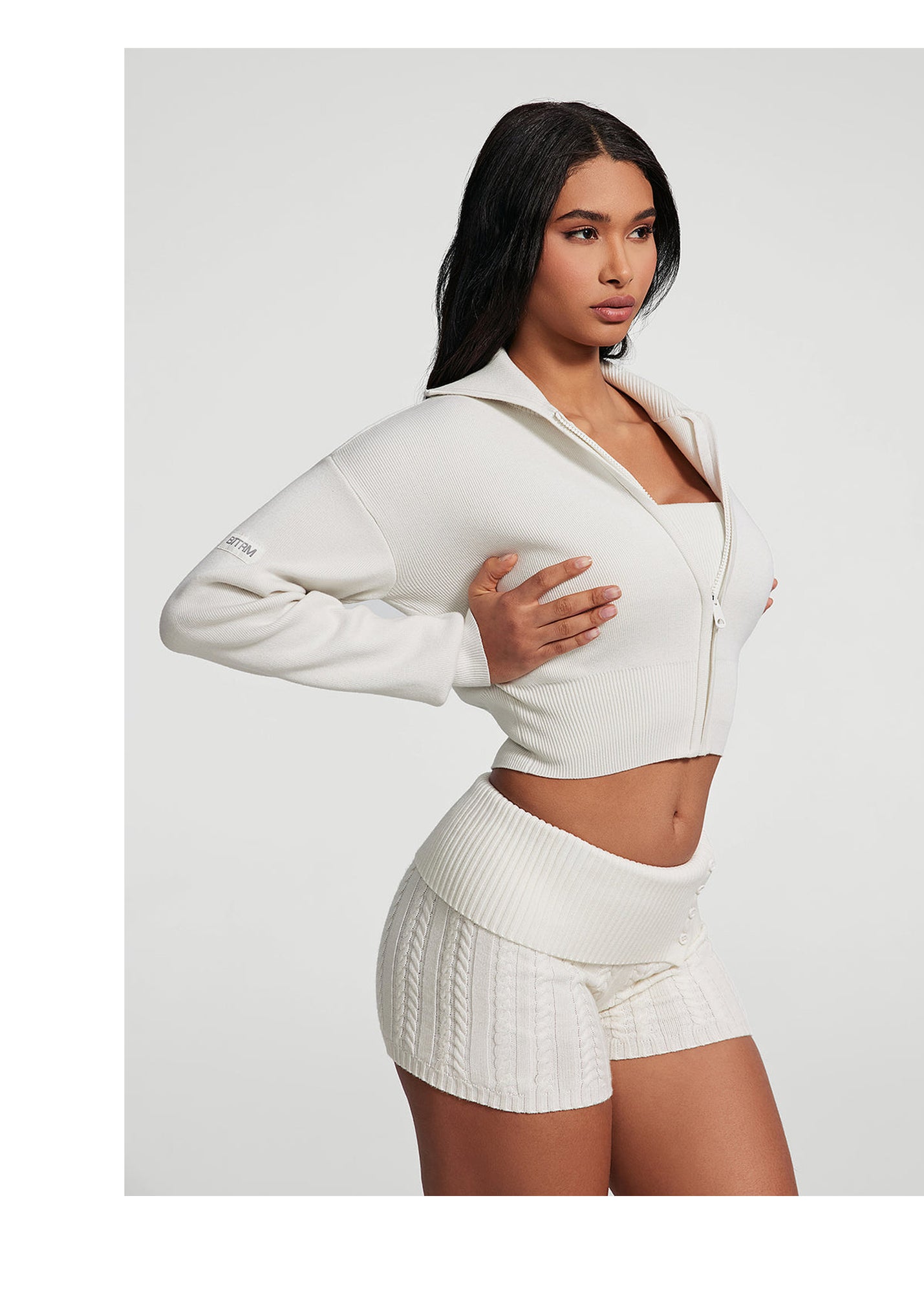 Knit Cropped Zip-Up Jacket | White