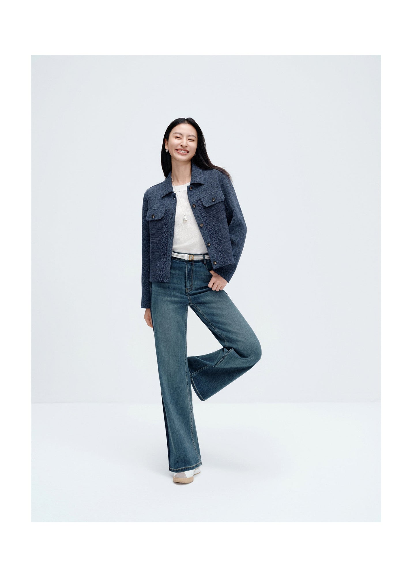 Knit Denim-Look Jacket | Navy
