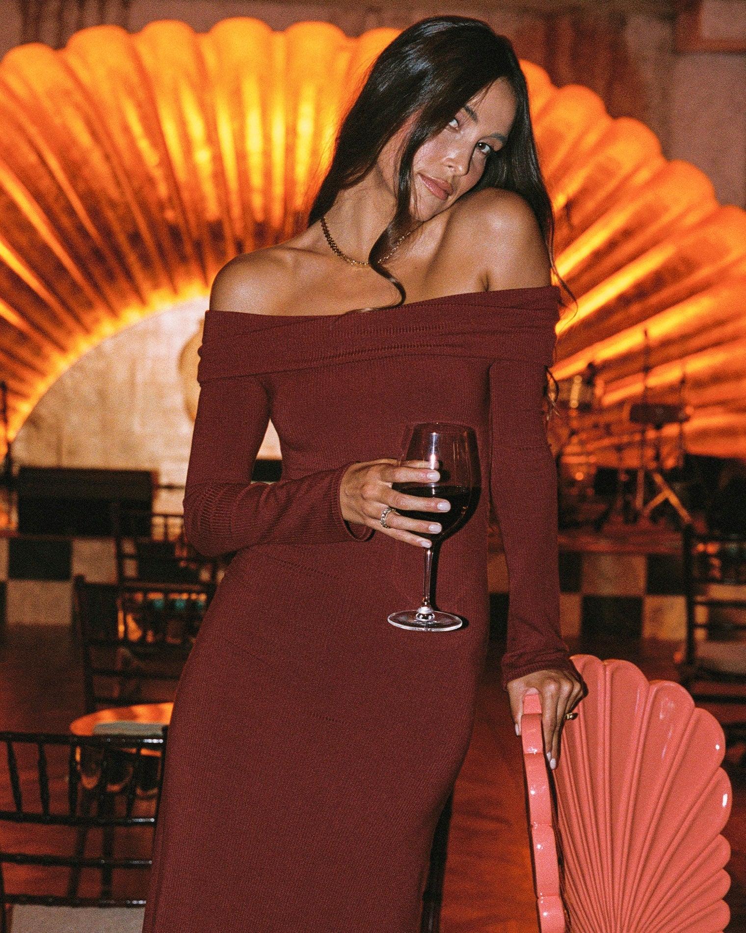 Red off the shoulder maxi dress