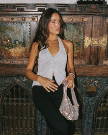 Metallic silver halter top