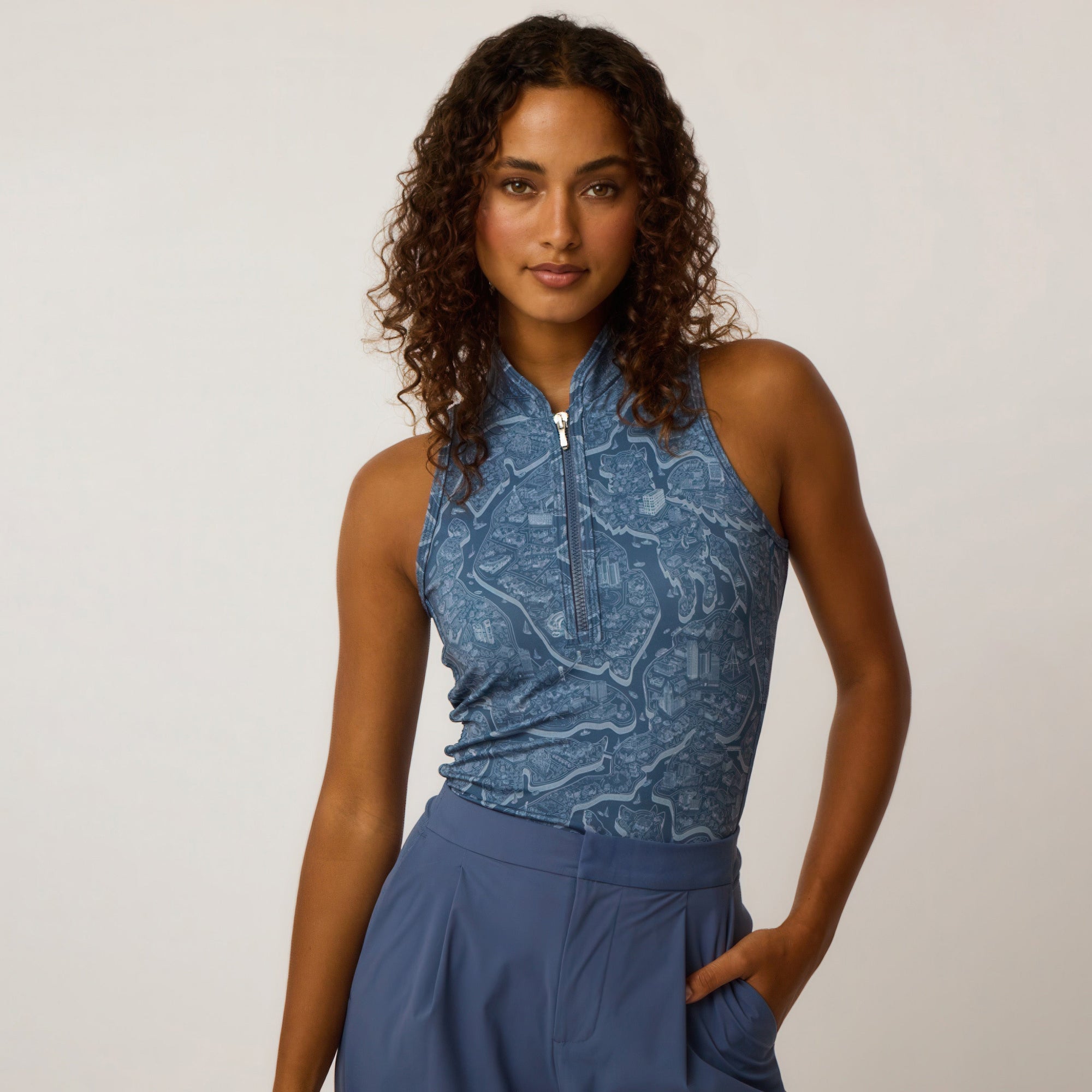 Women | Utopia Sleeveless Vesta Mock Neck Top | Vintage Indigo