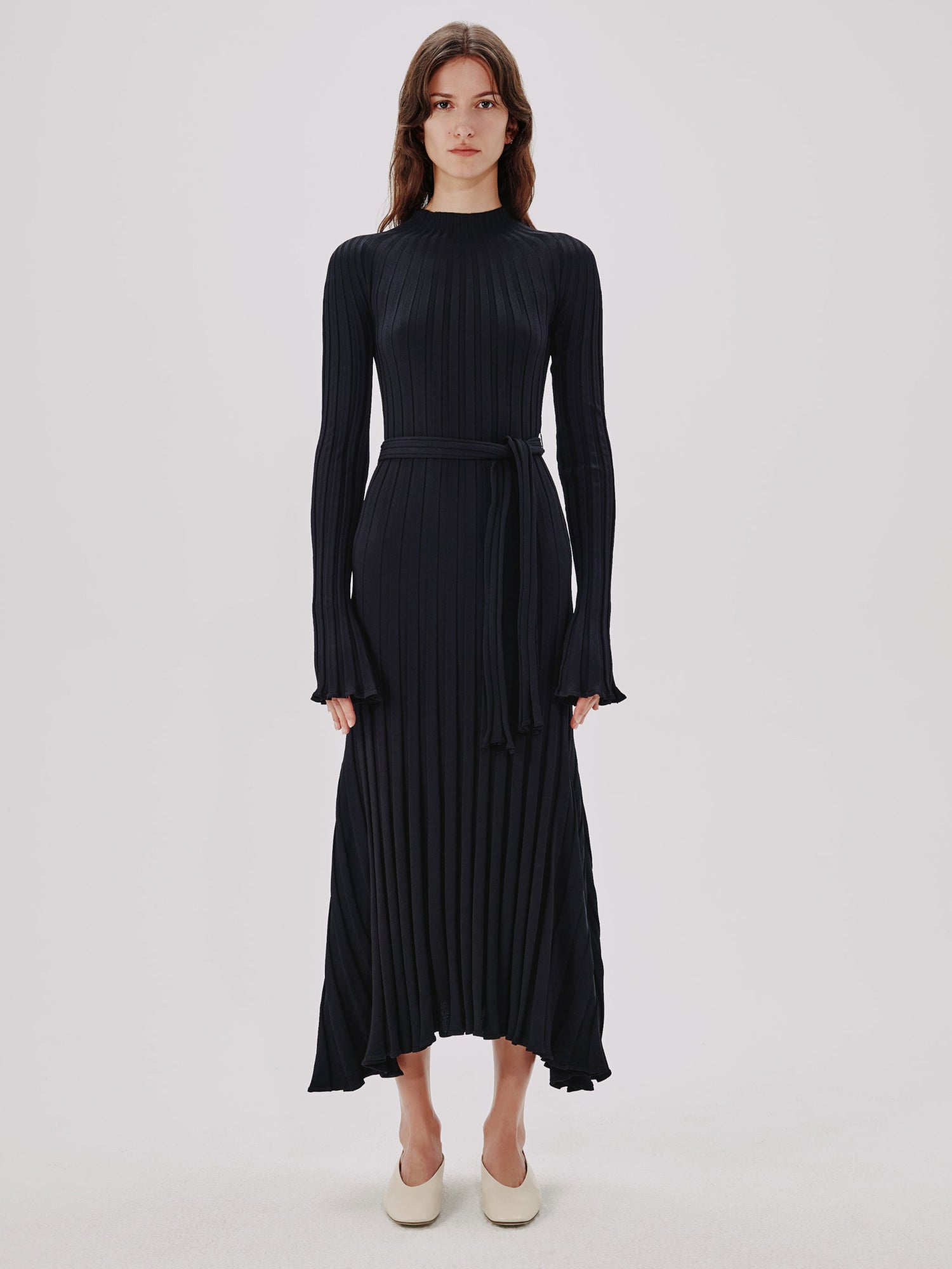 Another Tomorrow Long Sleeve Rib Flare Dress in Black – Viscose Women's Dress
