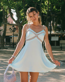 Mini Dress w/ Lace Panel & Beaded Tie Straps | Blue Mist