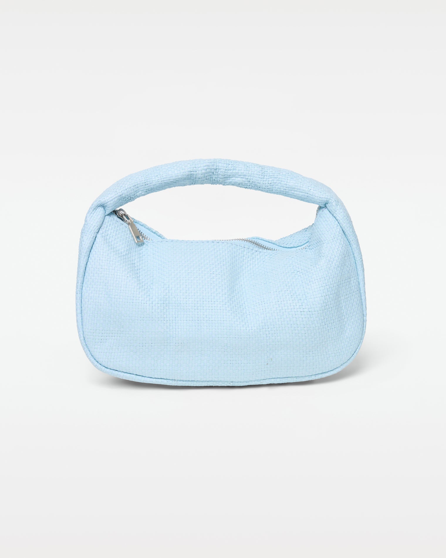 Off-model front view of the Mendoza Bag in sky blue, a structured woven crescent hobo bag with a short curved top handle and silver zipper closure, on a white background.