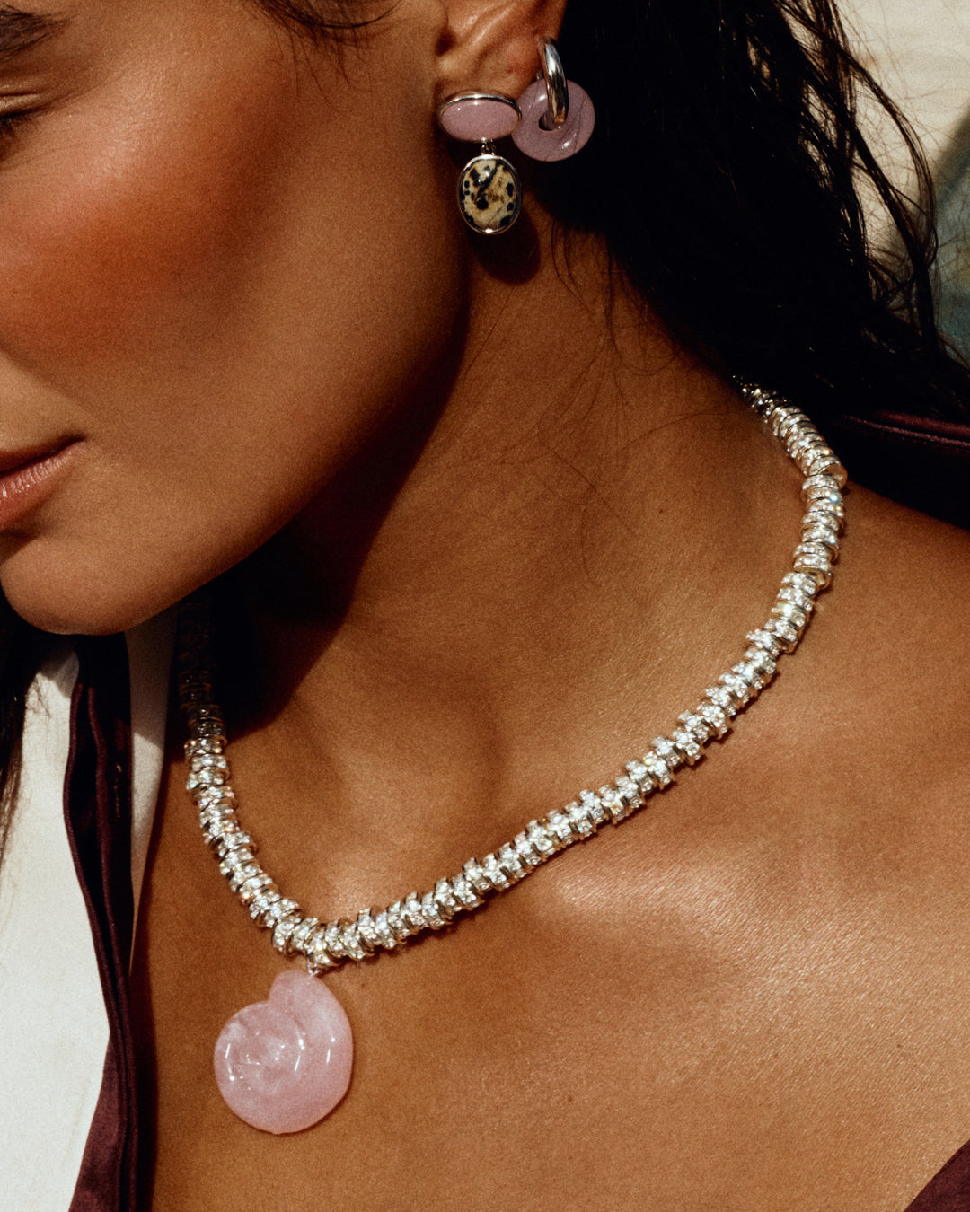 The Rose Quartz Rio Rhinestone Necklace | Rose Quartz/Cubic Zirconia | Silver