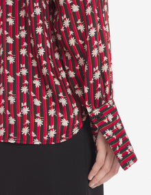 Womens | Floral Stripes Print Concealed Placket Technical Twill Boxy Shirt | Pecan Brown/Cherry Floral