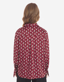 Womens | Floral Stripes Print Concealed Placket Technical Twill Boxy Shirt | Pecan Brown/Cherry Floral