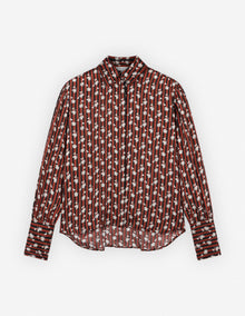 Womens | Floral Stripes Print Concealed Placket Technical Twill Boxy Shirt | Pecan Brown/Cherry Floral