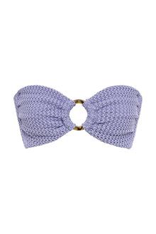 Lavender crochet bandeau bikini top with gold ring hardware and tie closures.
