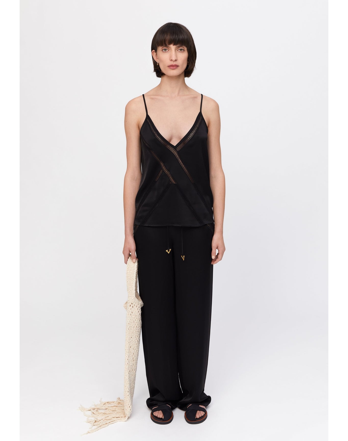 Leda | Satin Lace Trim Cami | Black