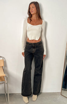 Charcoal washed denim jeans with a relaxed wide-leg fit and mid-rise waist