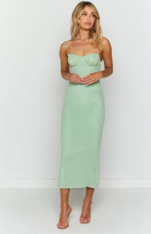 Light green mesh midi dress with a ruched sweetheart bust and thin spaghetti straps
