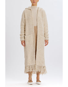Long Hooded Cardigan with Fringe | Tan
