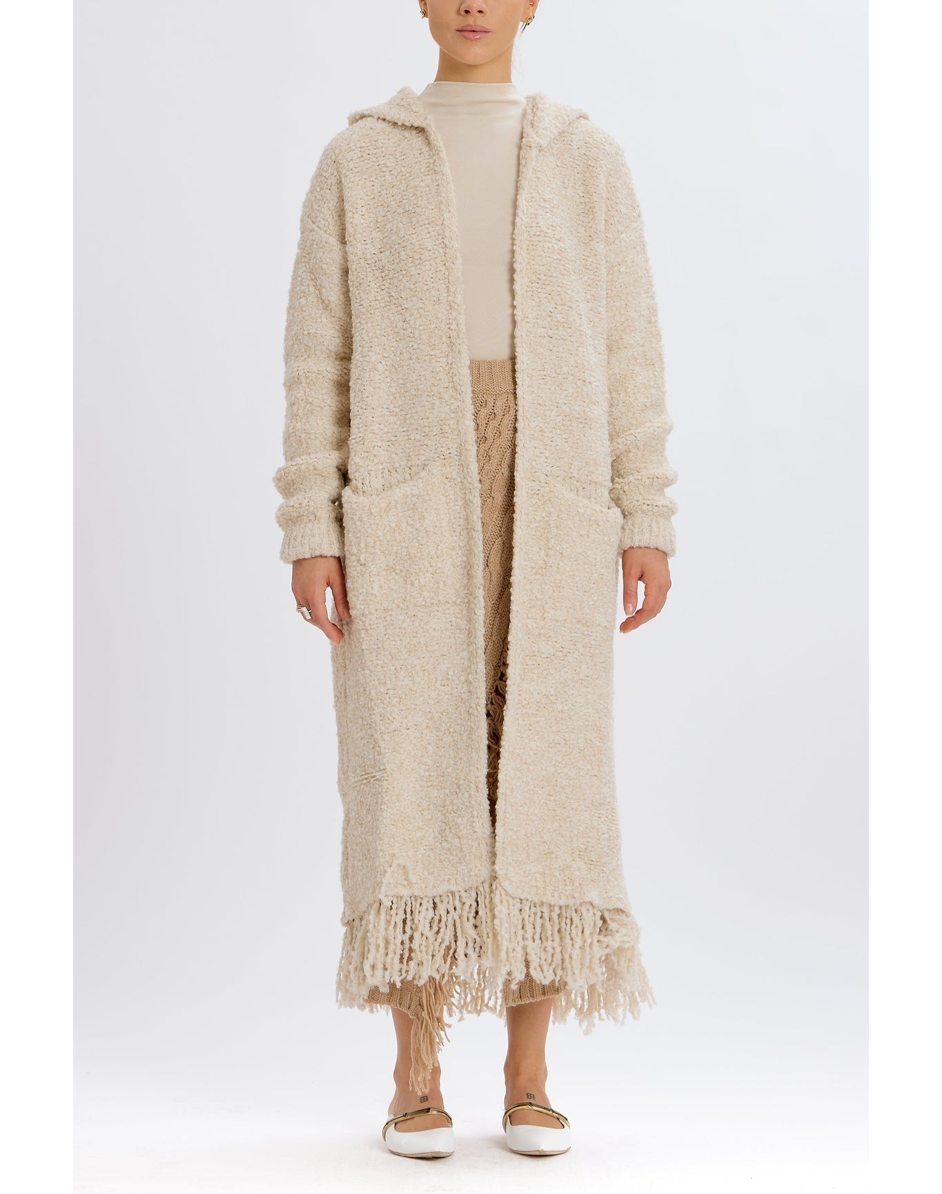 Long Hooded Cardigan with Fringe | Tan