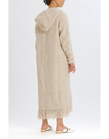 Long Hooded Cardigan with Fringe | Tan