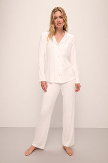 Model wears Gisele TENCEL Modal Rib Long PJ Set in white.