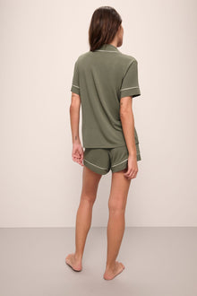 Model is Gisele TENCELâ„¢ Modal Relaxed Short PJ Set in moss/ivory.