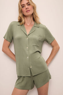 Model wears Gisele TENCELâ„¢ Modal Rib Relaxed Short PJ Set in tea.