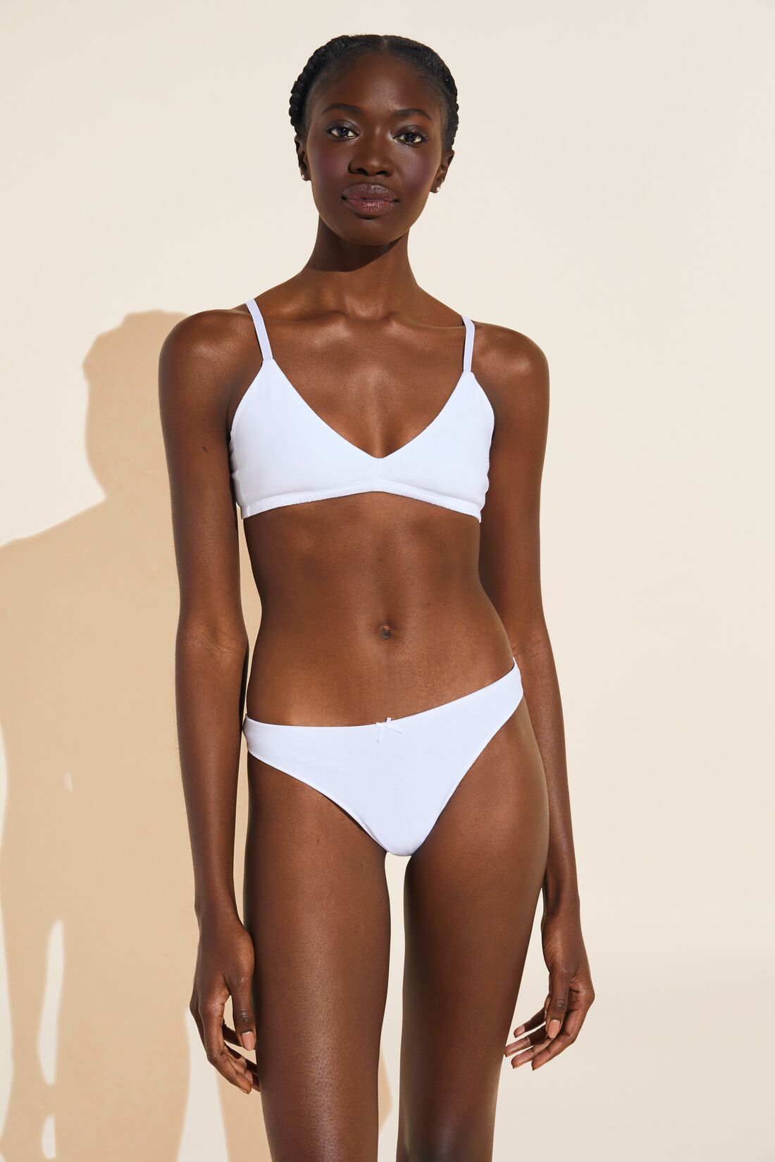 Model wears Pima Stretch Cotton Thong in White.