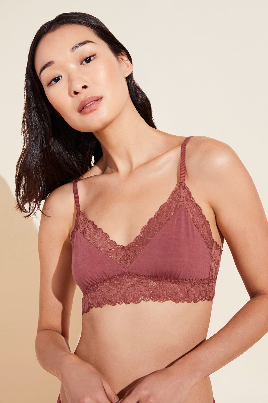 Model wears Rosalia TENCELâ„¢ Modal Bralette in Rosewood.
