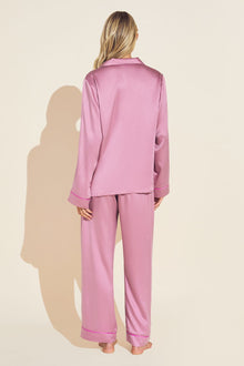 Model wears Inez Washable Silk Long PJ Set in Foxglove/Italian Rose.
