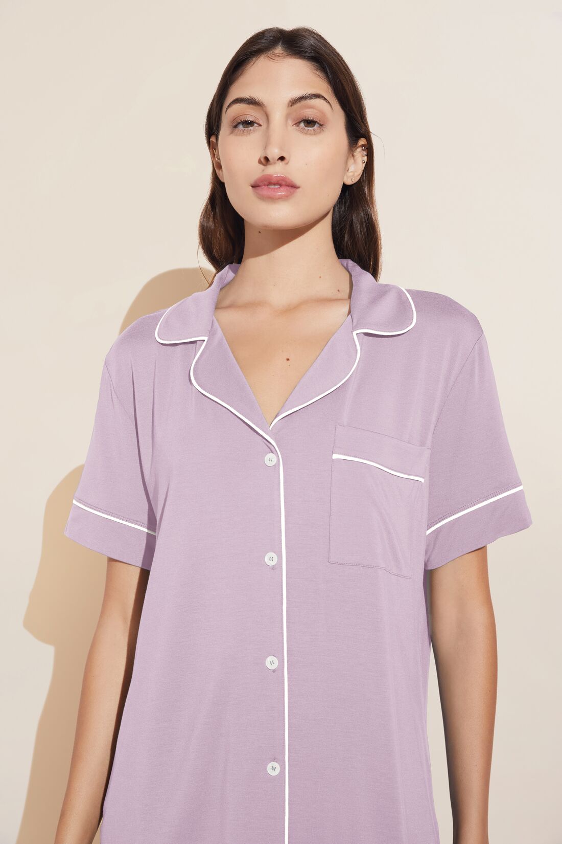 Model wears Gisele TENCELâ„¢ Modal Relaxed Short PJ Set in lavender/ivory.