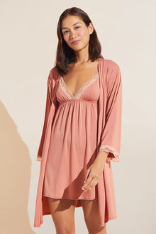 Model wears Flora TENCELâ„¢ Modal 3/4 Sleeve Robe in Pink Rouge/Rose.