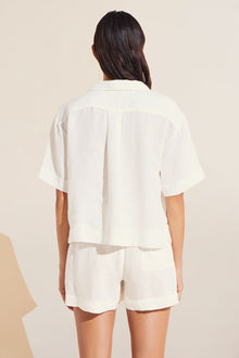 Model is wearing Garment Dyed Linen Short Set in Ivory.