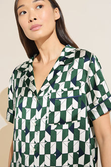 Model wears Inez Washable Silk Printed Short PJ Set in Mosaic Tile Forest Green/Navy.