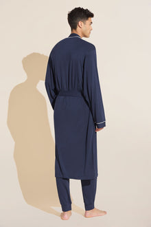 Model wears William TENCELâ„¢ Modal Robe in True Navy/Ivory.