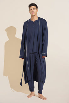 Model wears William TENCELâ„¢ Modal Robe in True Navy/Ivory.