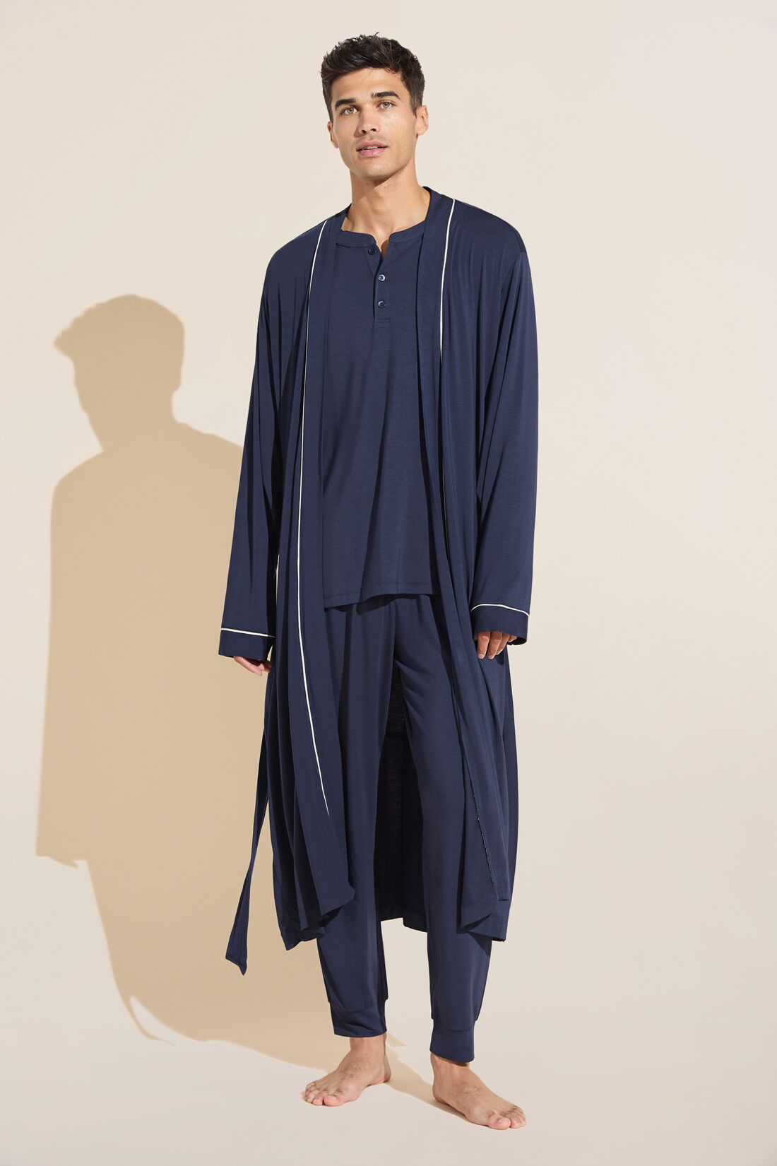 Model wears William TENCELâ„¢ Modal Robe in True Navy/Ivory.