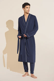 Model wears William TENCEL Modal Robe in True Navy/Ivory.