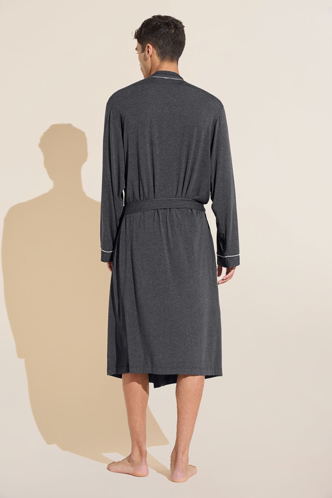 Model wears William TENCELâ„¢ Modal Robe in Charcoal Heather/Ivory.