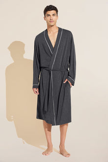 Model wears William TENCELâ„¢ Modal Robe in Charcoal Heather/Ivory.