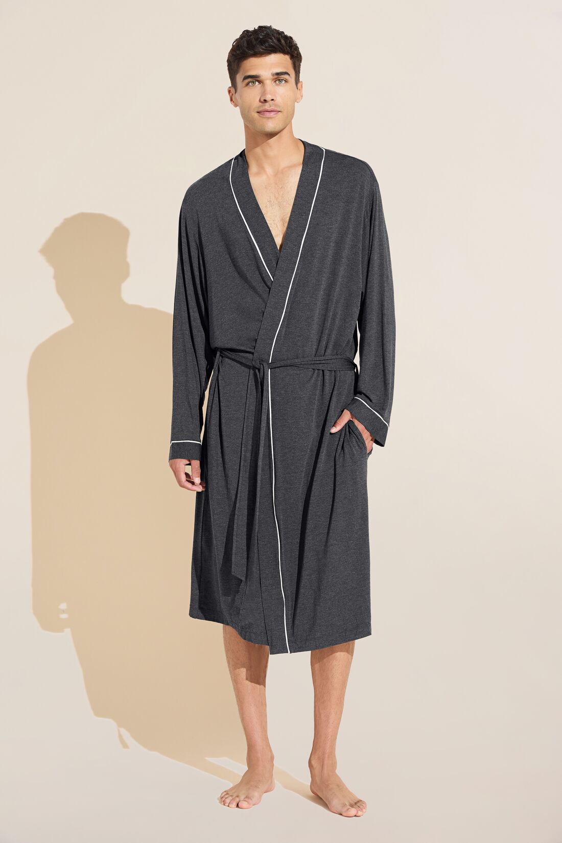 Model wears William TENCELâ„¢ Modal Robe in Charcoal Heather/Ivory.